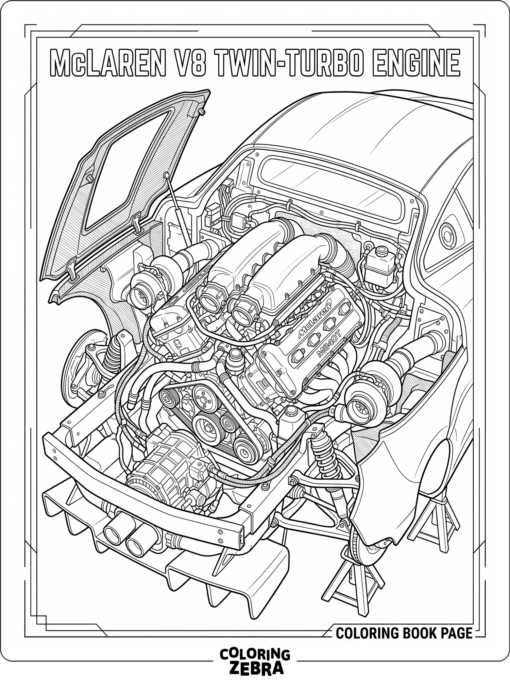 McLaren engine with pipes and open panels