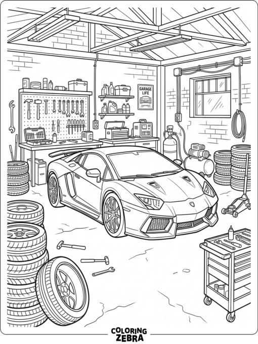 McLaren parked in a garage with tools and tire stacks