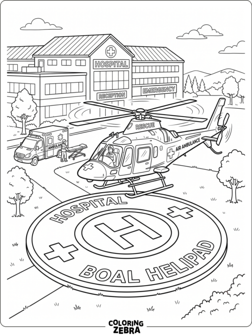 Medical helicopter landing at a hospital helipad