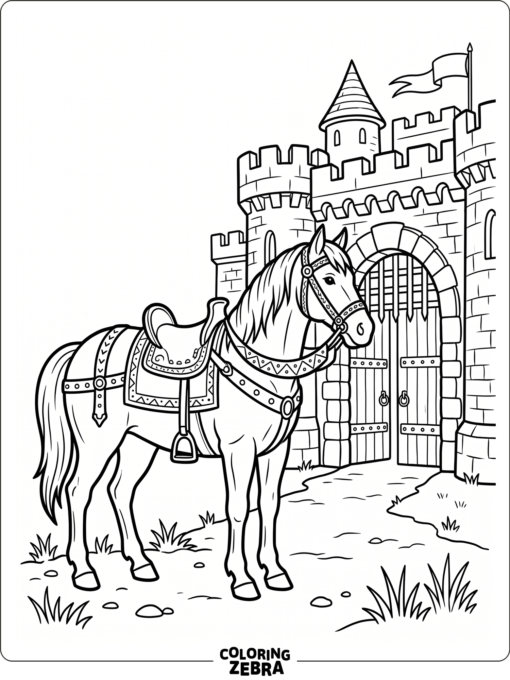 A medieval horse near a castle gate