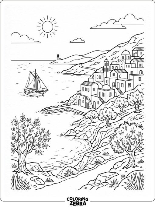 A Mediterranean coast with white buildings, olive trees, and a sailboat