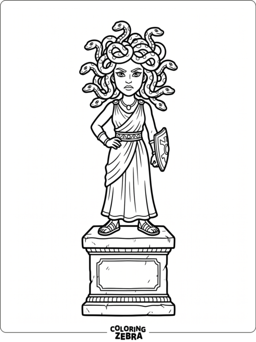 A Medusa with snakes for hair stands on a simple pedestal