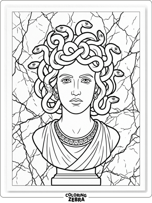 A Medusa bust portrait with snakes and cracked marble