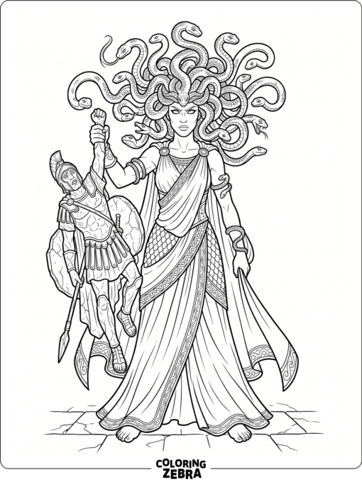 Medusa holding a stone statue with snakes around her
