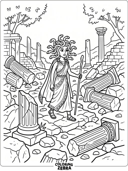 Medusa walking through ruins with fallen columns