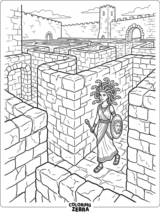 Medusa standing in a stone maze