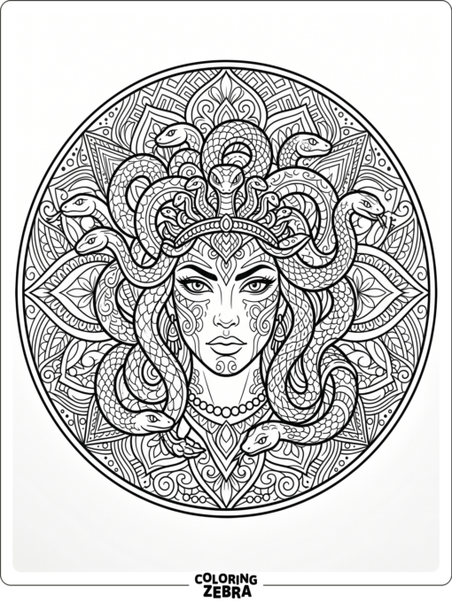 A Medusa face inside a round mandala with snakes