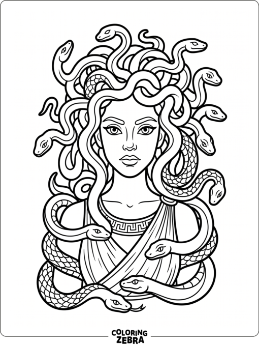 Medusa with snake hair curling around her shoulders