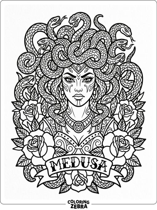 A tattoo style Medusa with roses and bold snake curves