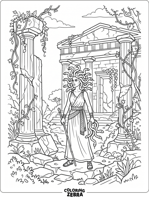 Medusa in front of a ruined temple with broken pillars