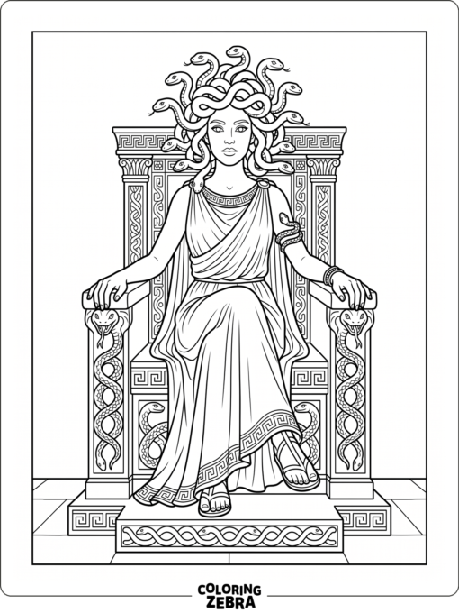 Medusa sitting on a carved throne