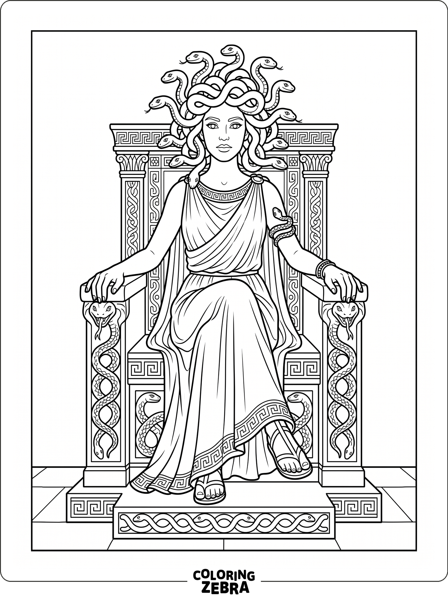 Medusa sitting on a carved throne