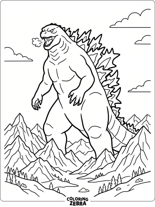 A huge Godzilla standing above the mountains