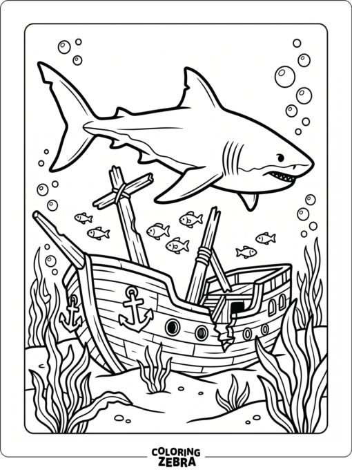A megalodon swimming past a sunken ship