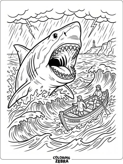 A megalodon attacking a boat in rough water