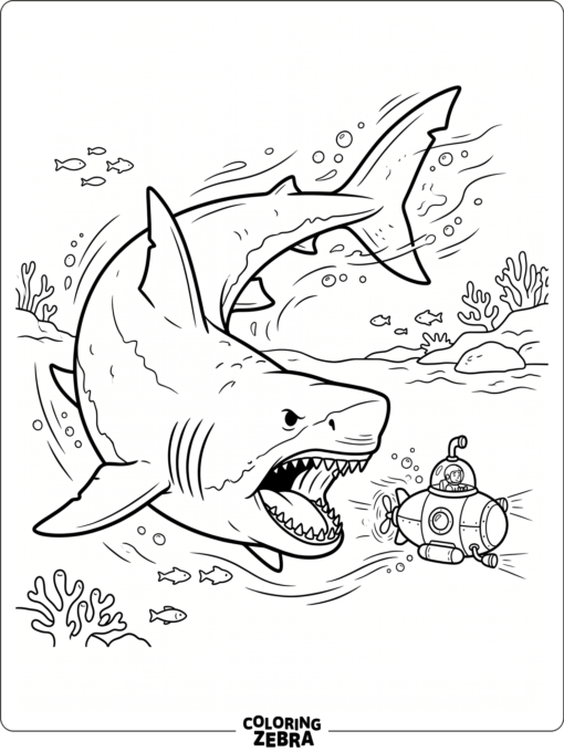 A megalodon chasing a small submarine