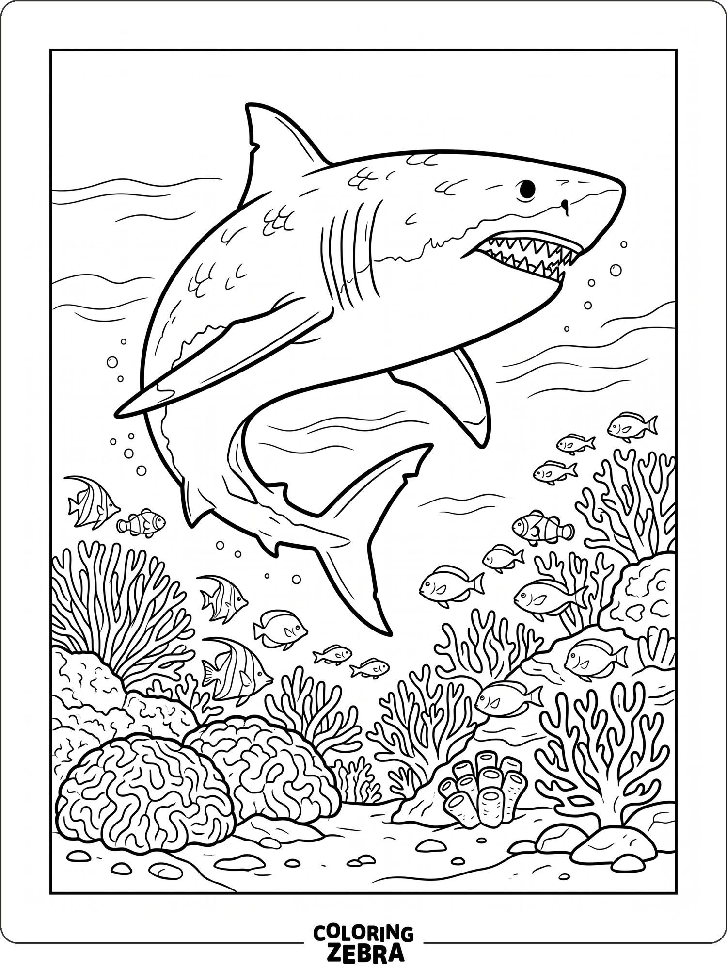 A coral reef scene with small fish and waving sea plants