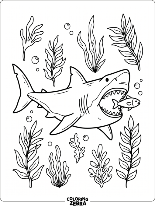 A megalodon eating a fish near sea plants