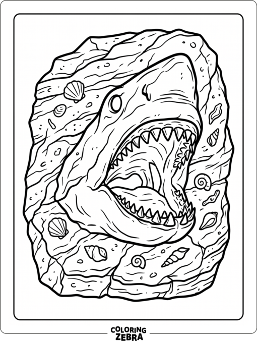 A megalodon fossil in rock with shell fragments