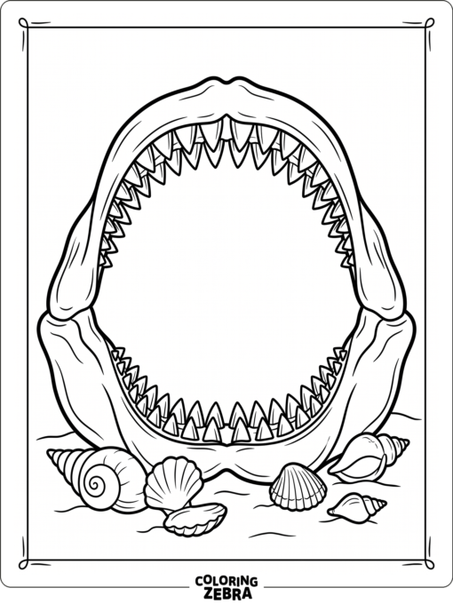 A megalodon jaw with sharp teeth and shells