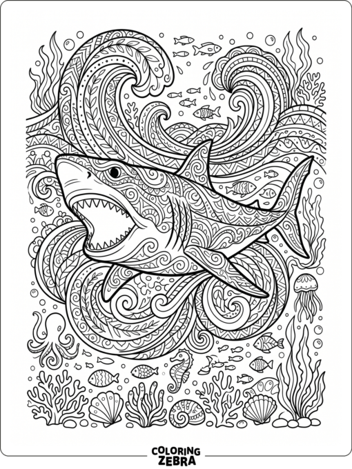 A megalodon surrounded by ocean mandala patterns