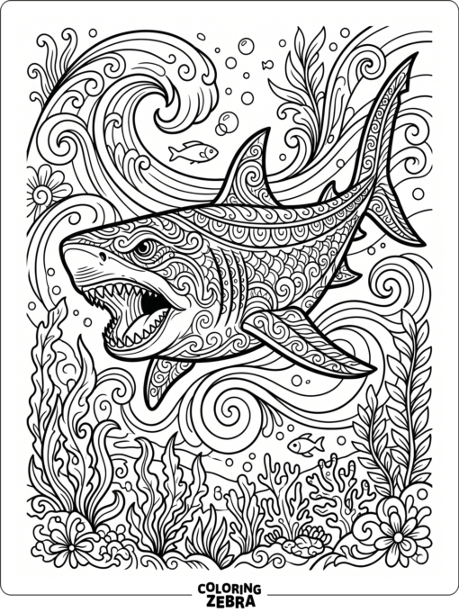 A detailed megalodon shark with swirling ocean patterns