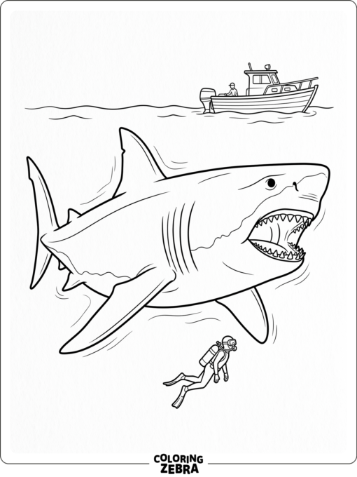 A megalodon next to a diver and a boat