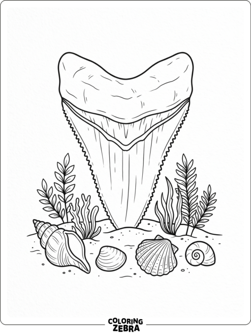 A large megalodon tooth with shells and sea plants