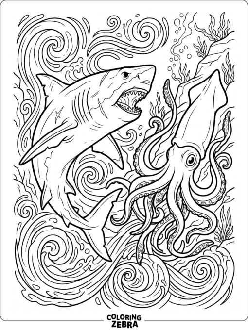 A megalodon facing a giant squid