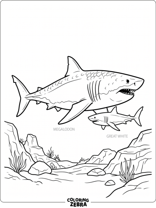 A huge megalodon swimming beside a great white shark