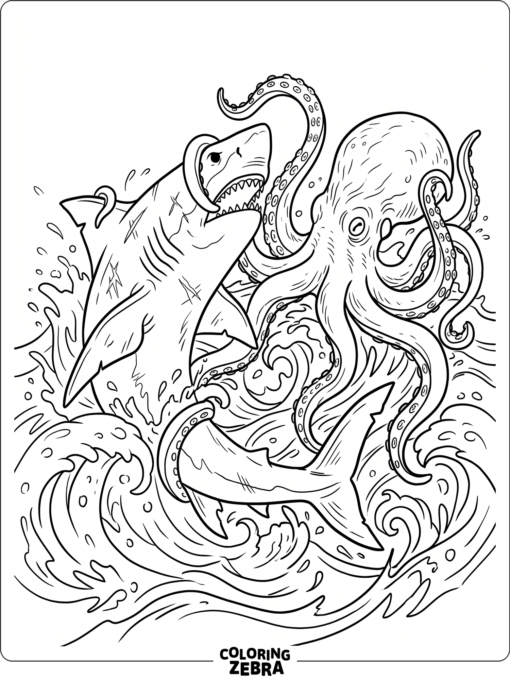A megalodon facing a kraken in the sea