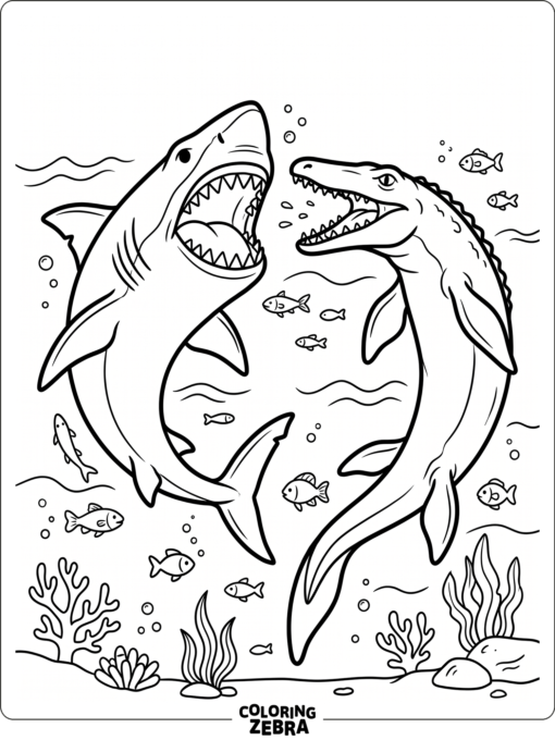 A megalodon and mosasaurus facing off in the ocean