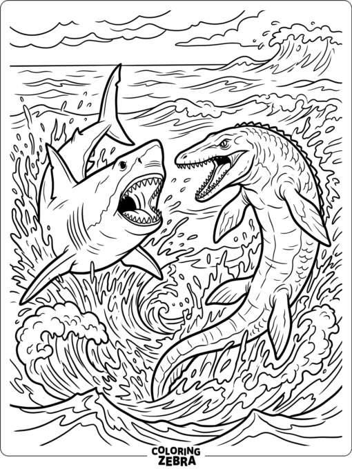 A megalodon and mosasaurus meeting in the sea