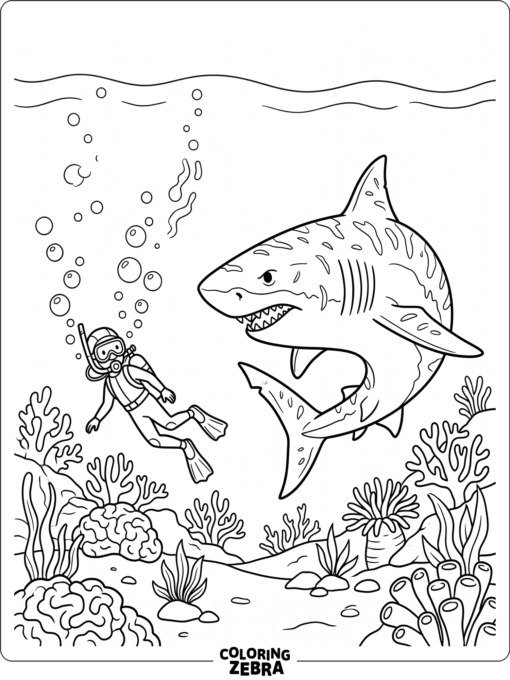 A megalodon near a diver with air bubbles