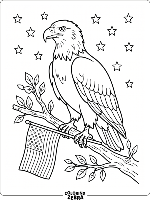 Bald eagle on a branch with a small flag