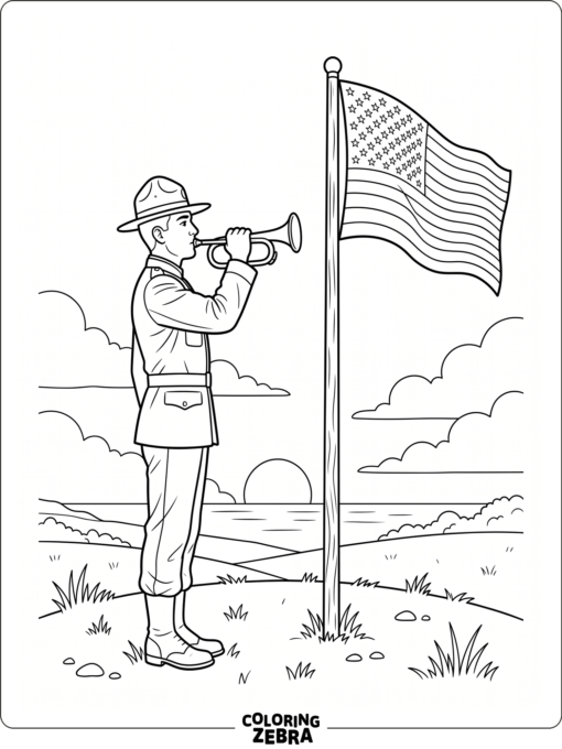 Bugler playing taps near a flag at sunset