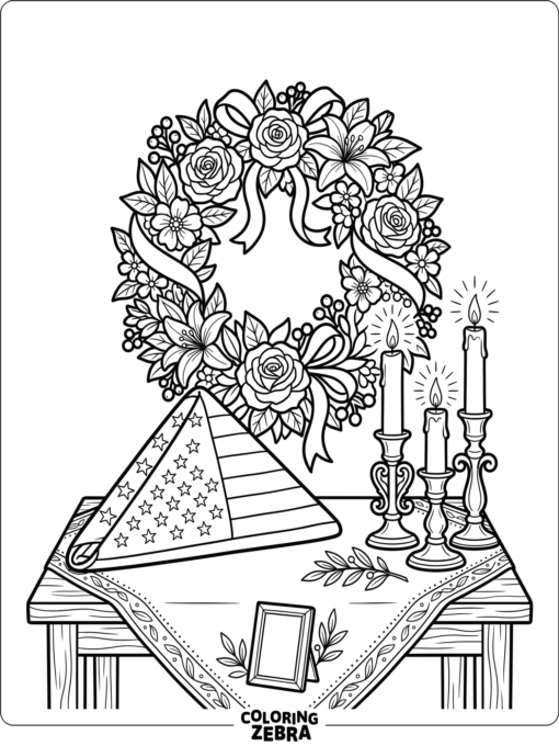 Folded flag and wreath on a memorial table