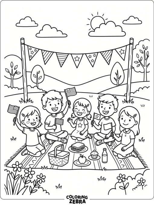 Kids holding flags at a picnic
