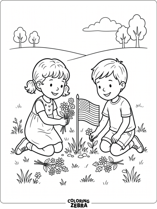 Preschool children placing flowers by a flag
