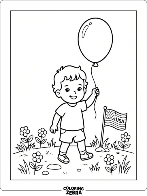 Toddler with a balloon beside a small flag