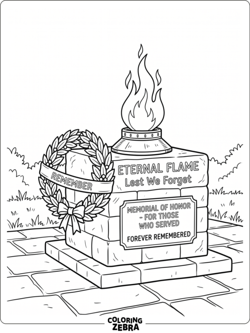 Eternal flame beside a wreath and memorial stone