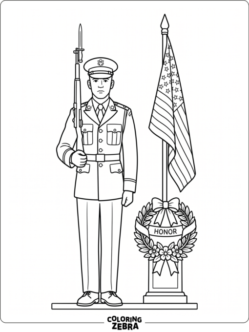 Honor guard at attention beside a flag