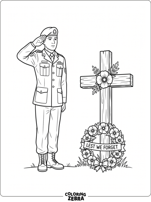 Soldier saluting beside a wreath and memorial cross