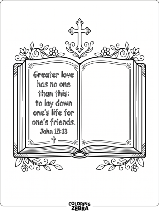 Bible open to John 15 13 with a cross