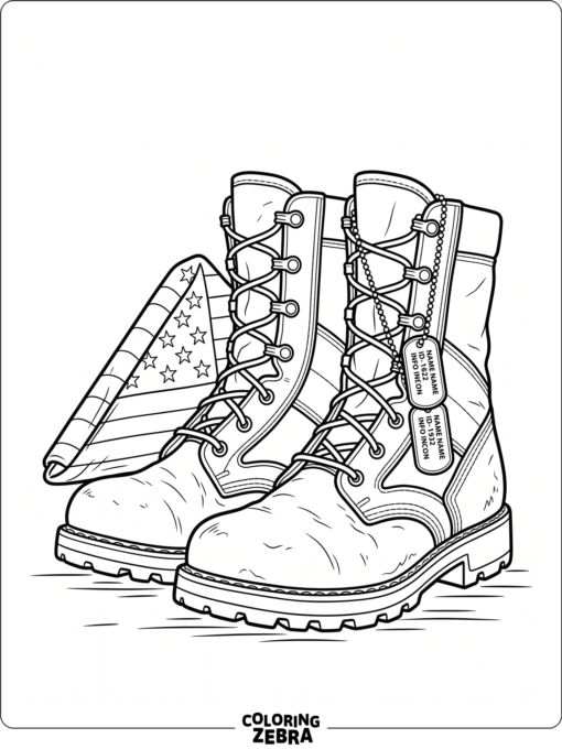 Military boots with a folded flag and dog tags