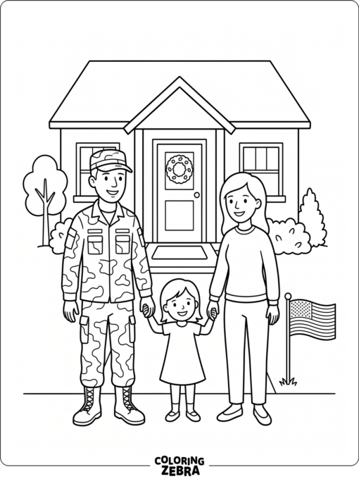 Military family holding hands beside a small flag