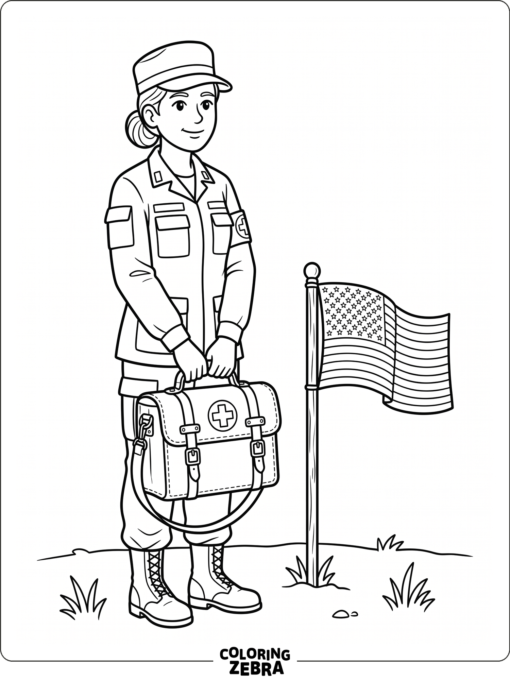 Military nurse with a medical bag and flag