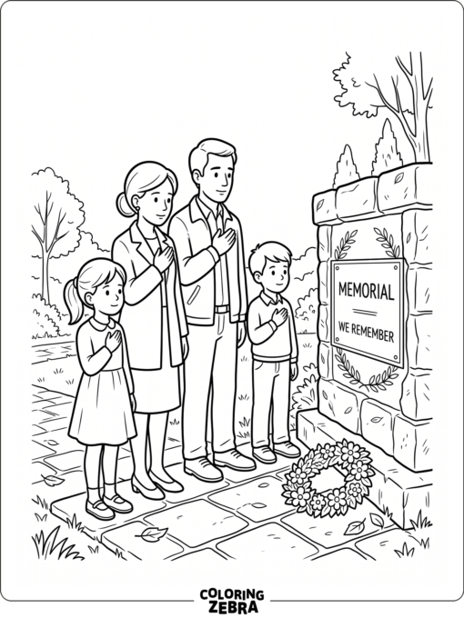 Family standing quietly with hands over hearts