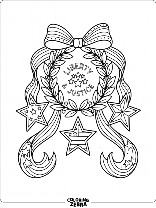Patriotic ribbon tied around stars and a wreath