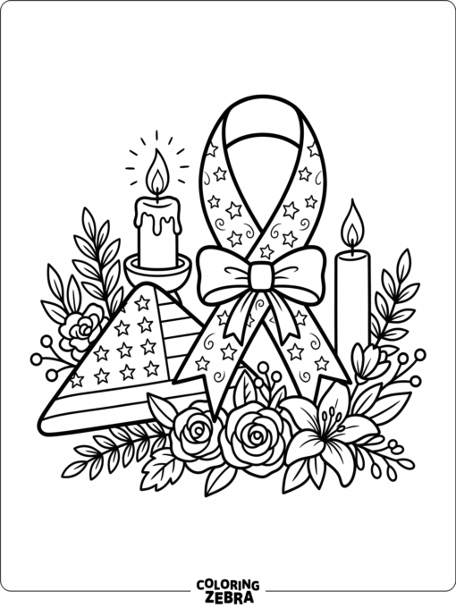 Candles and flowers around a remembrance ribbon